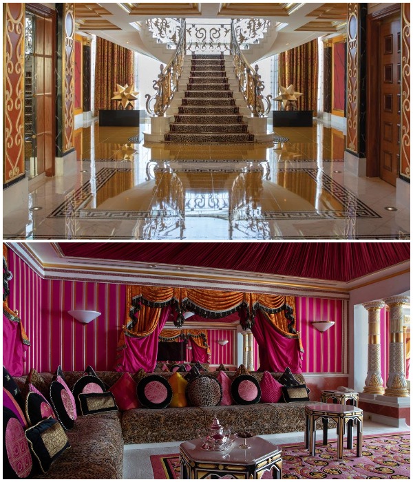 На 25 этаж отеля Burj Al Arab гостей доставит персональный лифт, а великолепная мраморная лестница доведет в гостиную королевского сьюта (Дубай, ОАЭ). На 25 этаж отеля Burj Al Arab гостей доставит персональный лифт, а великолепная мраморная лестница доведет в гостиную королевского сьюта (Дубай, ОАЭ).