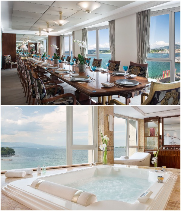 Гостям The Royal Penthouse Suite обеспечена максимальная безопасность, включающая пуленепробиваемые стекла, отдельный вход, индивидуальный лифт, личный дворецкий, горничная и повар (President Wilson, Женева). Гостям The Royal Penthouse Suite обеспечена максимальная безопасность, включающая пуленепробиваемые стекла, отдельный вход, индивидуальный лифт, личный дворецкий, горничная и повар (President Wilson, Женева).