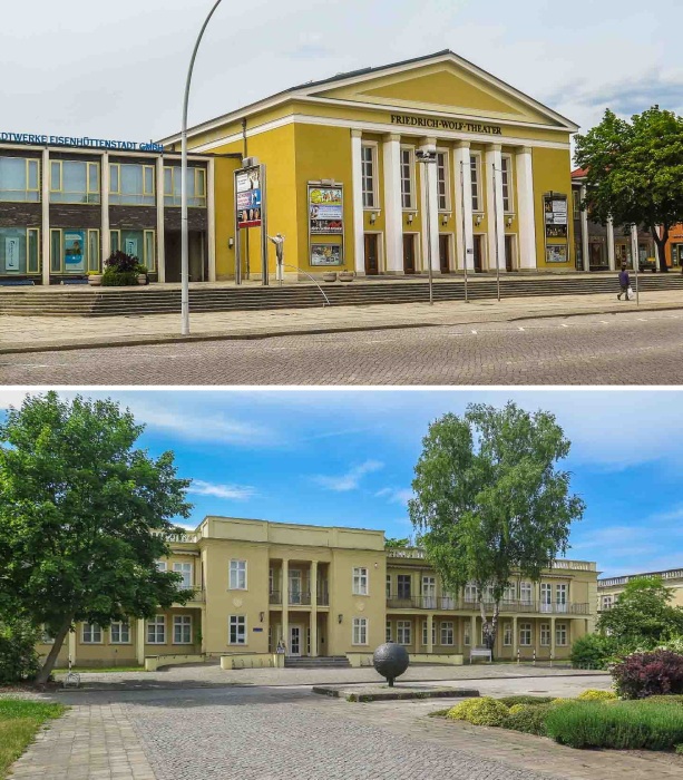 Общественные здания имели монументальный вид и мало чем отличались от архитектурных объектов с подобным функционалом в СССР (Айзенхюттенштадт, Германия). Общественные здания имели монументальный вид и мало чем отличались от архитектурных объектов с подобным функционалом в СССР (Айзенхюттенштадт, Германия).