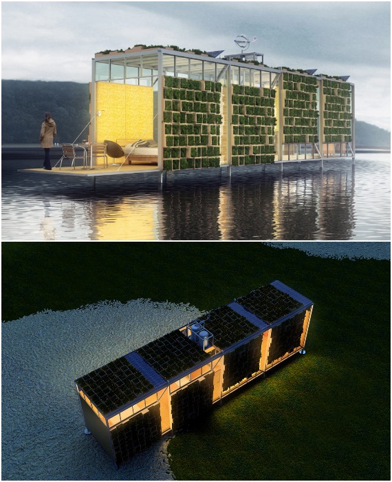 ECObitat Prefab можно установить и на понтонную платформу, превратив его в плавучий дом (рендеринг).