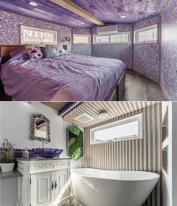 Спальня на нижнем уровне и ванная комната Purple Manor. Спальня на нижнем уровне и ванная комната Purple Manor.