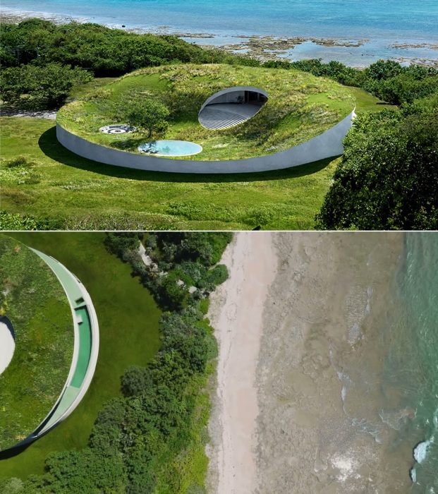 Круглая структура здания и вогнутая крыша имитируют формы холма (Ishigaki Earth Villa). Круглая структура здания и вогнутая крыша имитируют формы холма (Ishigaki Earth Villa).