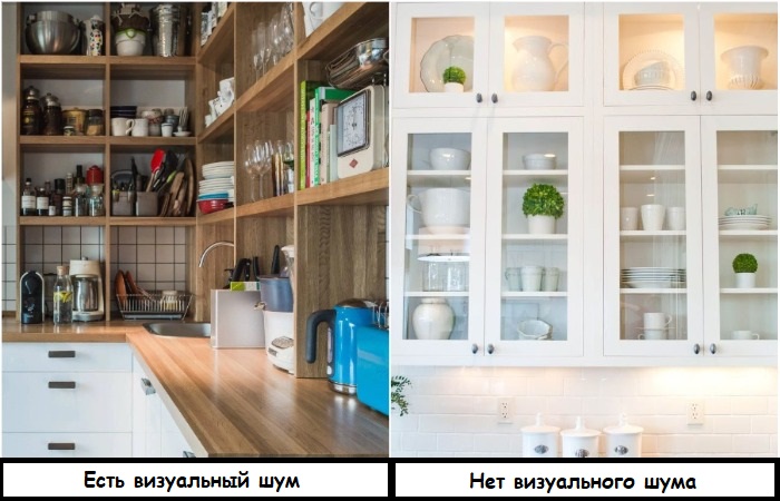 Вместо открытых полок выбирайте шкафчики со стеклянными дверцами