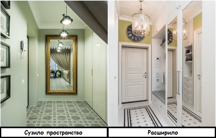 В узкой прихожей зеркало должно висеть на большой стене
