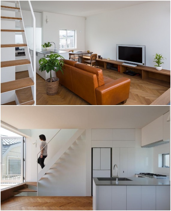 Гостиная, столовая и кухня находятся на втором уровне Little House with a Big Terrace. Гостиная, столовая и кухня находятся на втором уровне Little House with a Big Terrace.