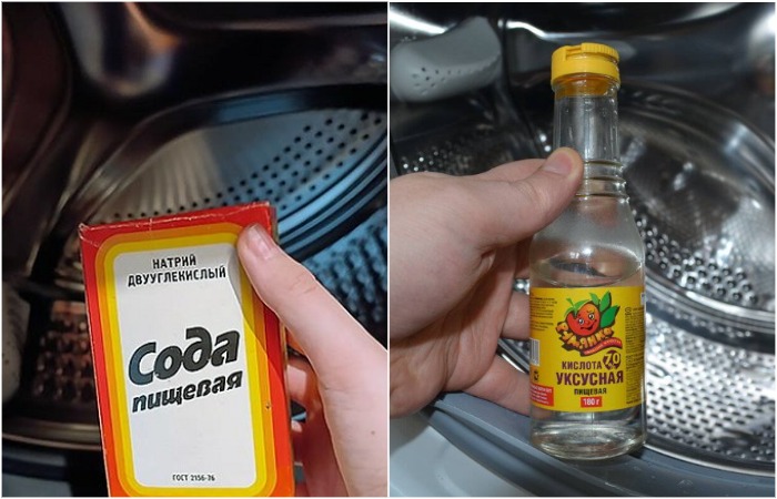 В отсек для порошка - соду, в барабан - уксус В отсек для порошка - соду, в барабан - уксус