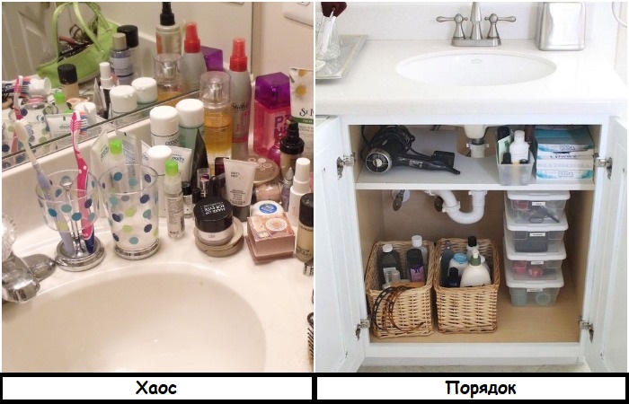Организуйте хранение не на раковине, а под ней Организуйте хранение не на раковине, а под ней