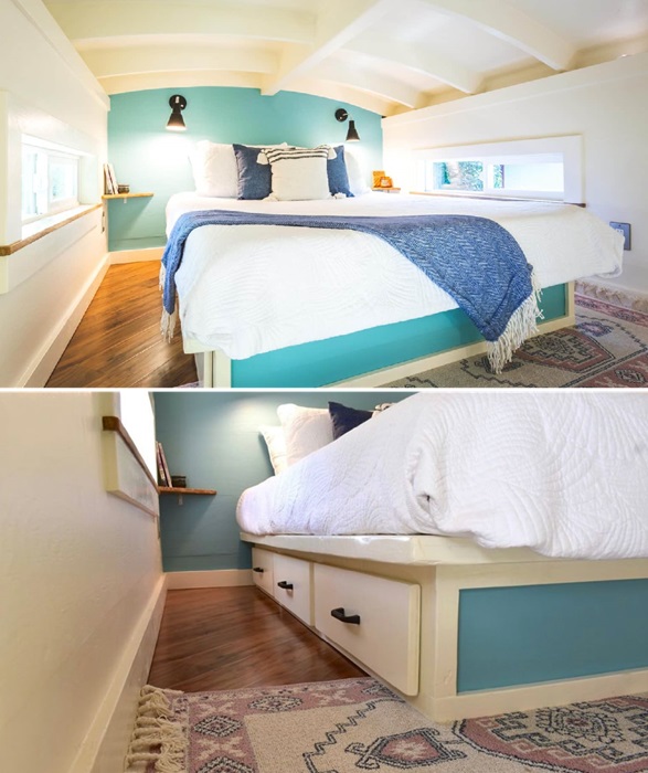 Уютная спальня Oasis Tiny Home максимально изолирована от основного пространства.