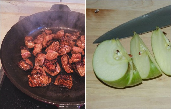 Если мясо подгорело, положите кусочек яблока в сковороду Если мясо подгорело, положите кусочек яблока в сковороду