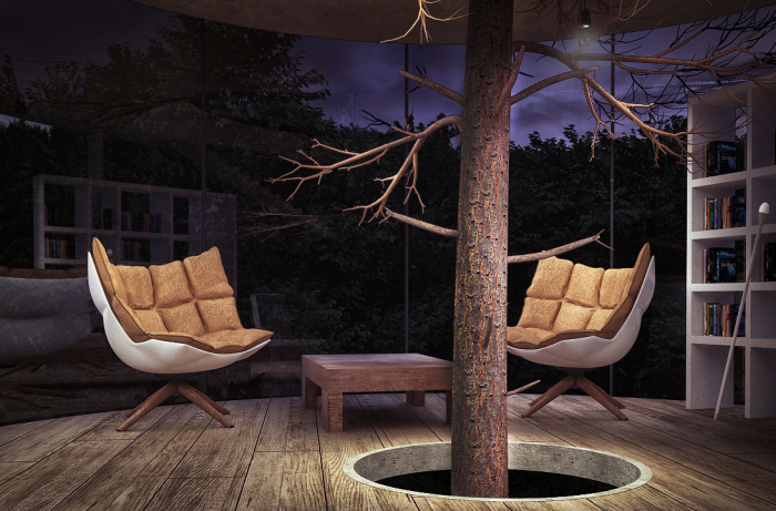 Зона отдыха на одном из уровней стеклянного дома (визуализация). | Фото: designboom.com.