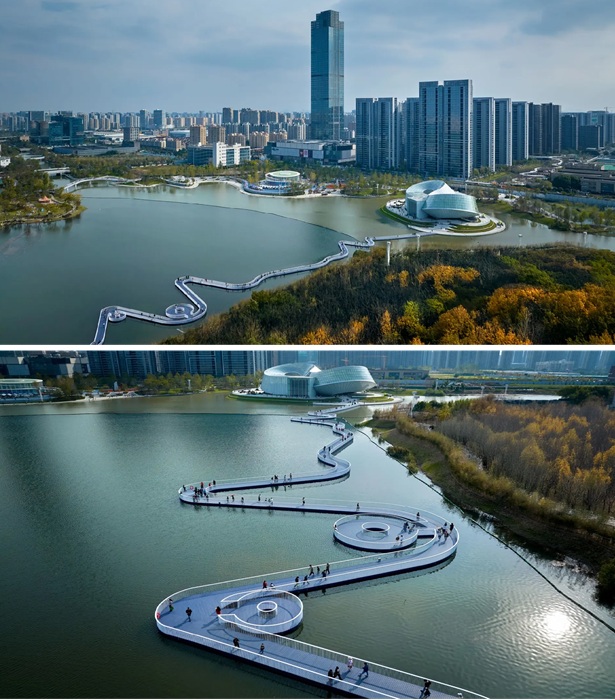 К Liangzhu Yohoo Park ведут извилистые мостики с зонами отдыха (Ханчжоу, Китай). К Liangzhu Yohoo Park ведут извилистые мостики с зонами отдыха (Ханчжоу, Китай).