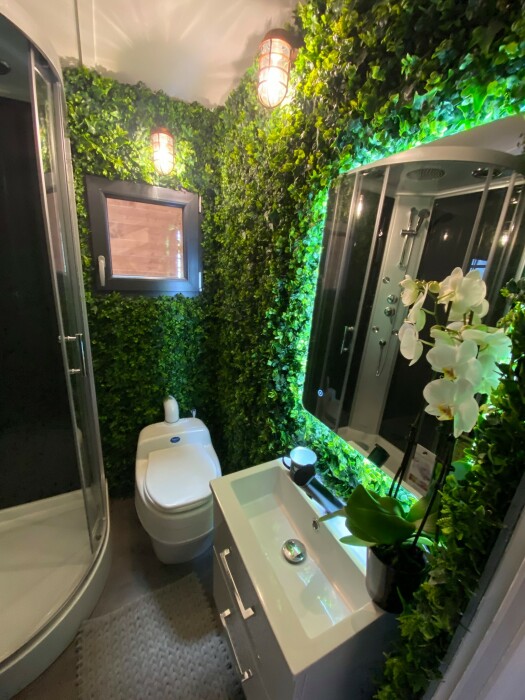 «Живая стена» наполняет ванную комнату мощной энергетикой (Dejessi Tiny). | Фото: tinyhousetalk.com.
