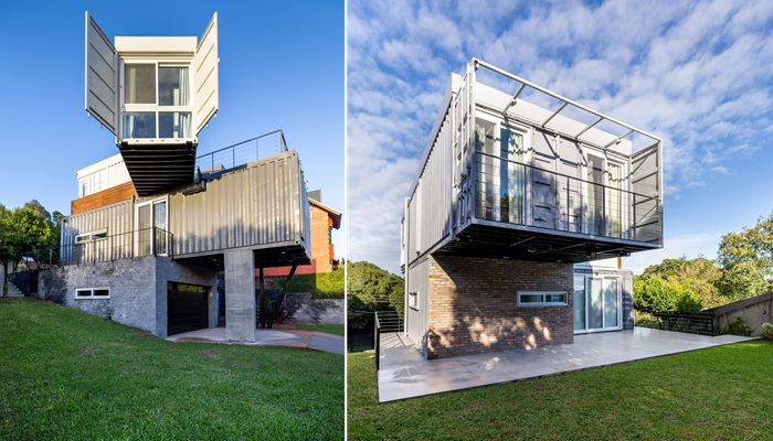 Контейнеры закрепили консольно и в разном направлении (Container House RD, Бразилия). Контейнеры закрепили консольно и в разном направлении (Container House RD, Бразилия).