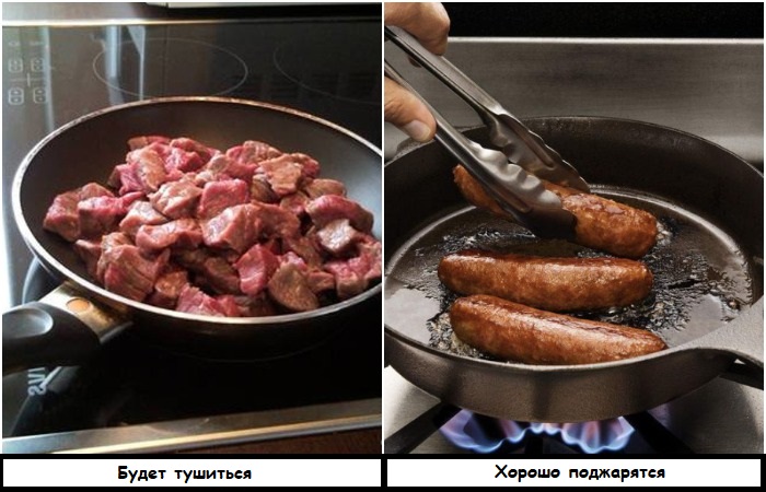 Жарить мясо и сосиски лучше на чугунной сковороде Жарить мясо и сосиски лучше на чугунной сковороде