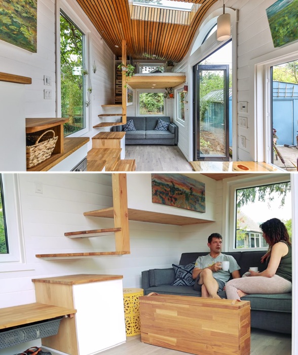 Уютная спальня и гостиная в крошечном доме Hügge Home.