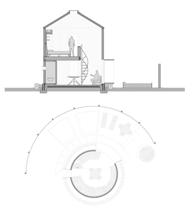 Планировка Silo House в старой силосной башне. Планировка Silo House в старой силосной башне.