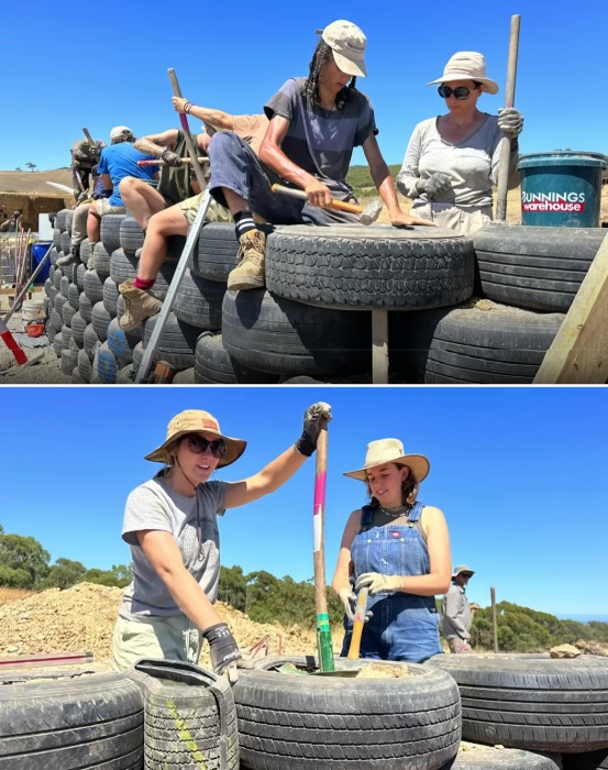 Набивали землей покрышки студенты Университета Южной Австралии (Earthships, Австралия).