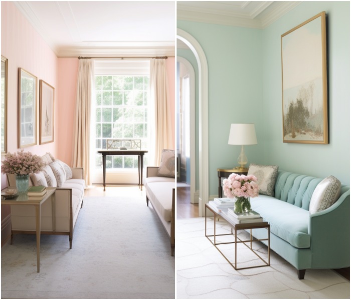 Варианты гостиной в розовых и мятных тонах. / Фото: gp-decor.ru Варианты гостиной в розовых и мятных тонах. / Фото: gp-decor.ru