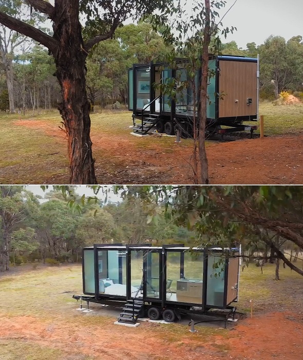 Модель крошечного дома Beaufort Bushland Retreat построена из металла, стекла и дерева. Модель крошечного дома Beaufort Bushland Retreat построена из металла, стекла и дерева.