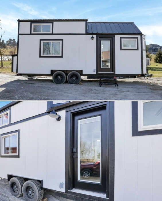 Белый цвет и щедрое остекление модели Tiny House Shadow в приоритете.