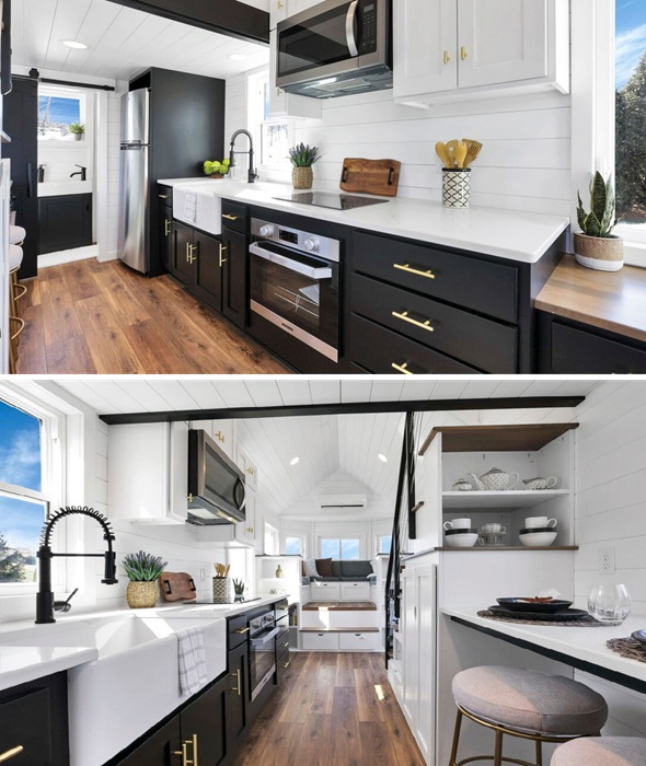 Современная кухня порадует удобством и наполнением (Tiny House Shadow).