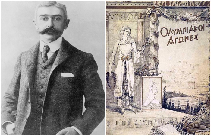 Барон Пьер де Кубертен (слева) и плакат І Олимпийских игр (справа). /Фото: wikipedia.org