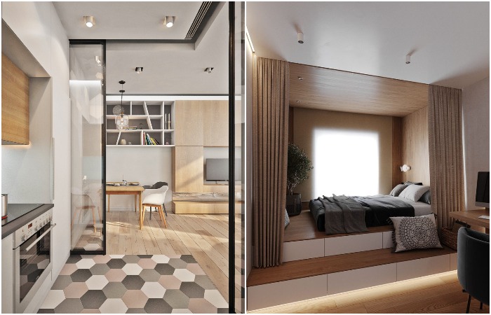 Разное напольное покрытие или подиум