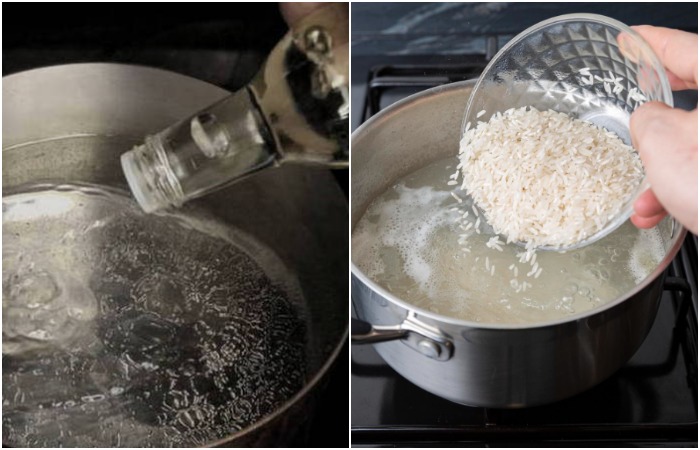 Добавьте в воду уксус, а затем рис