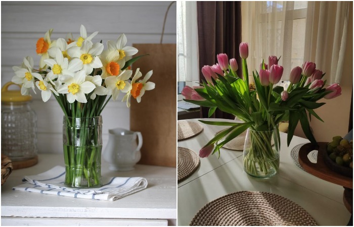 Поставьте на стол букет живых тюльпанов или нарциссов