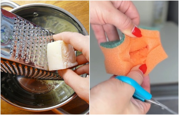 Положите мыльную стружку внутрь губки