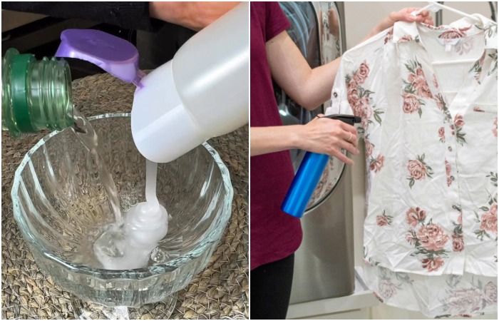 Смешайте уксус и кондиционер и нанесите на рубашку