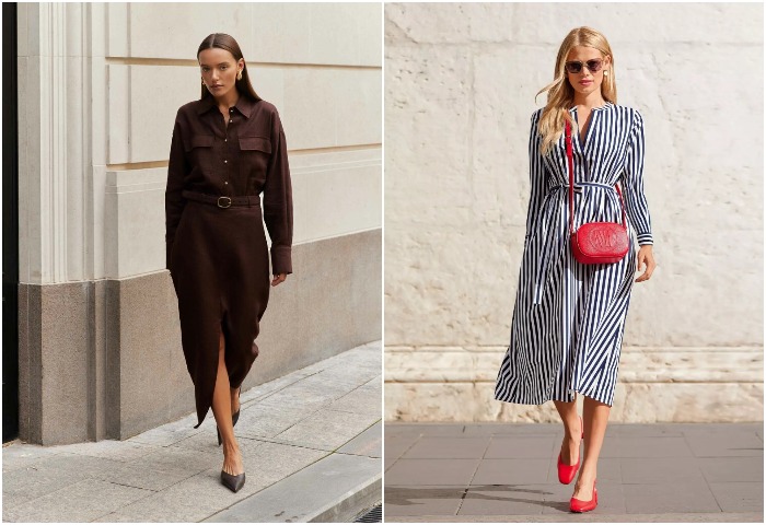Однотонное платье и модель в полоску