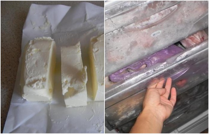 Нарежьте масло на кусочки и положите в морозилку